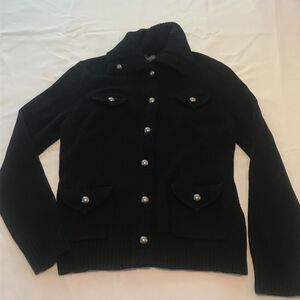 Ralph Lauren Jeans Co Black Ribbed Logo Button Up Cardigan Logo Womens L Pockets